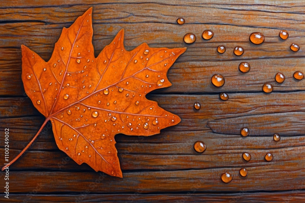 Poster a hyper-realistic close-up of a single orange maple leaf with intricate veins and dew drops, resting