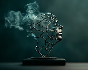 Metal Wireframe Head Sculpture with Smoke