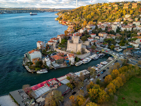 Aerial view of the historic anadolu hisari fortress by the bosphorus with scenic goksu creek and fatih bridge, istanbul, turkey.