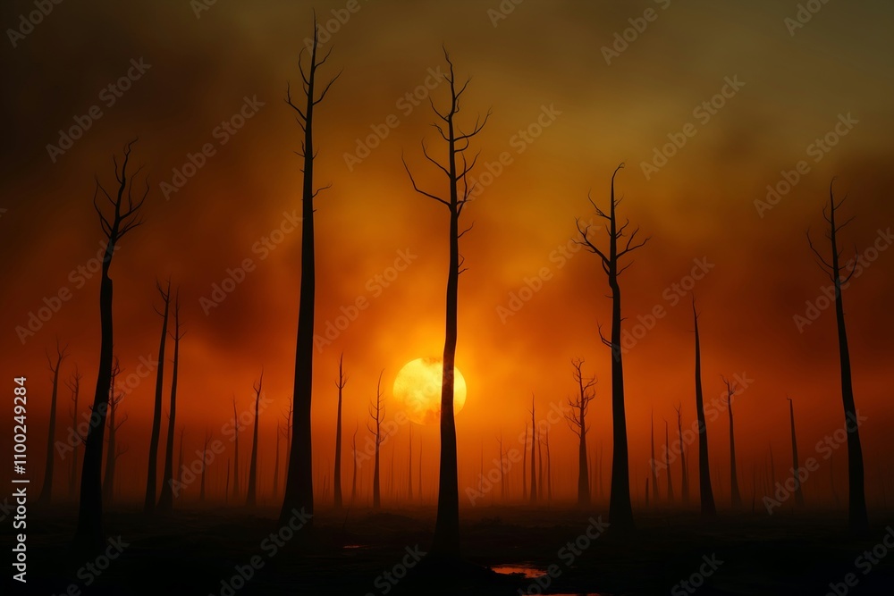 Wall mural sunset over a swamp with dead trees