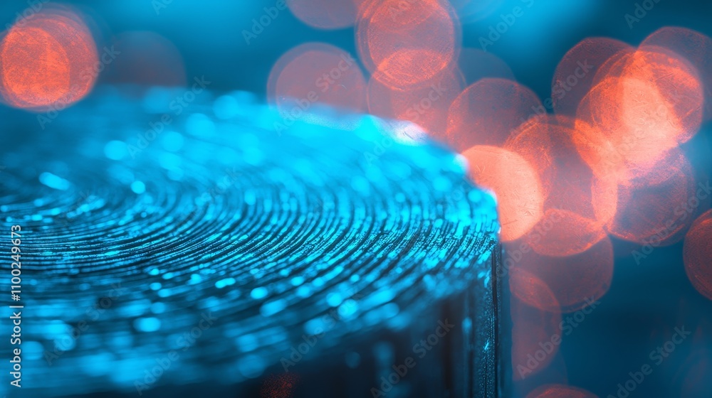 Poster close-up of textured metallic object with vibrant bokeh abstract art indoor setting detailed focus o