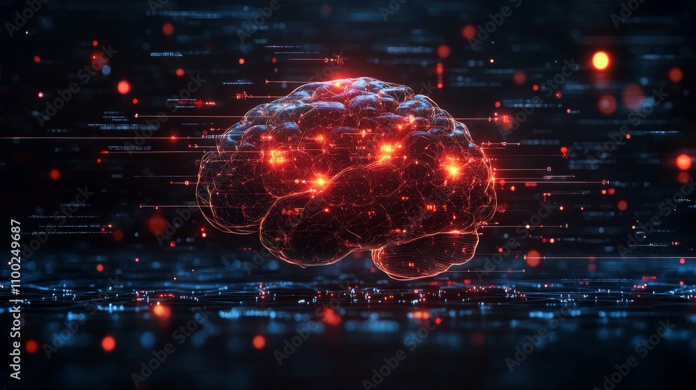 Poster abstract representation of a brain illuminated by glowing nodes in a high-tech digital space