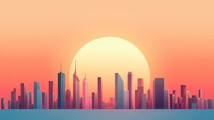 Fototapeta premium A panoramic cityscape at sunset with silhouettes of skyscrapers against a warm, orange sky, creating a dramatic and vibrant urban scene.