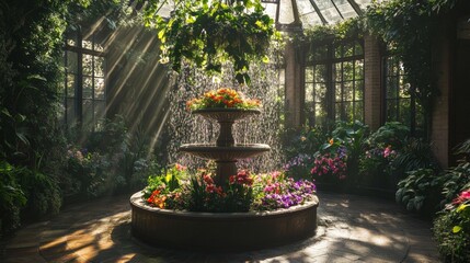 Beautiful indoor garden with a fountain surrounded by colorful flowers and sunlight streaming through the windows.
