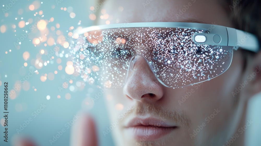 Poster a person wearing augmented reality glasses interacting with virtual objects in their environment, il