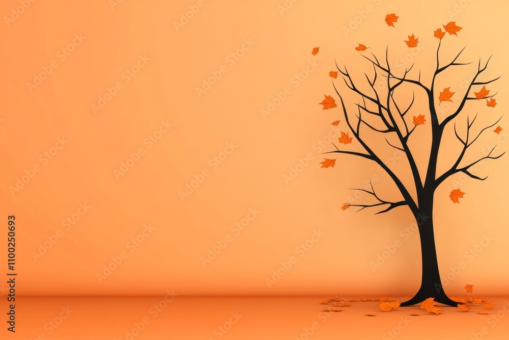 Poster a minimalist silhouette of a tree with bare branches surrounded by scattered leaves in a gradient of