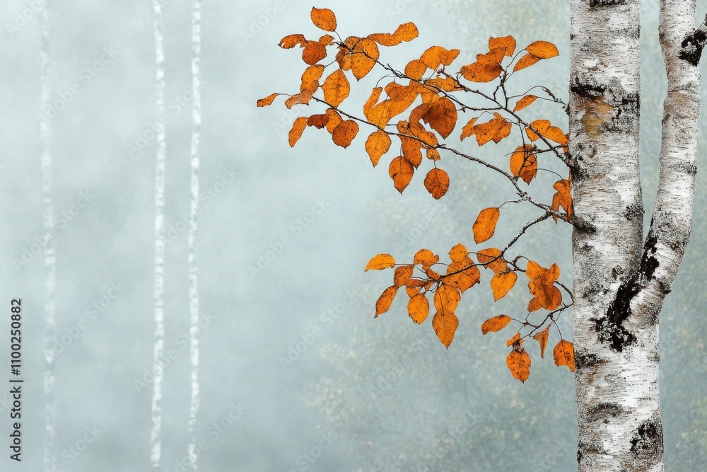 Poster a misty morning in an autumn forest, with soft golden light filtering through the fog and vibrant le