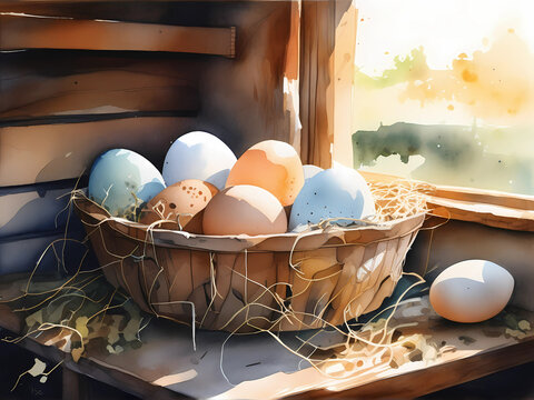 Chicken Bird Hen Eggs Easter Coop Farm House Rustic Rustic Nest Watercolor Soft Folkart Americauna Americana Homestead