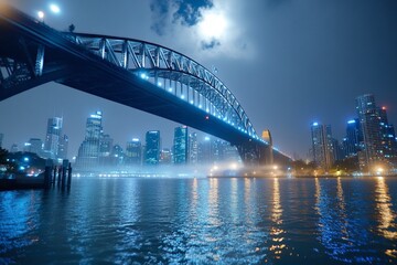 Obraz premium A moody scene of the Sydney Harbour Bridge shrouded in fog, lit by faint moonlight and reflecting on dark water