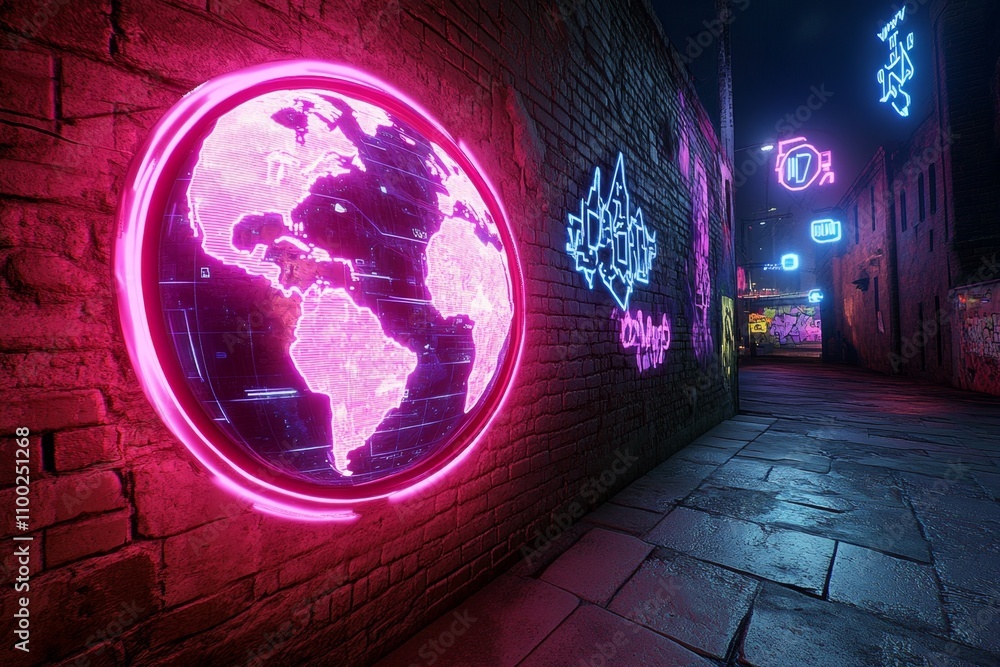 Poster a neon-lit spinning globe in a cyberpunk room with visible axis and digital symbols floating around 