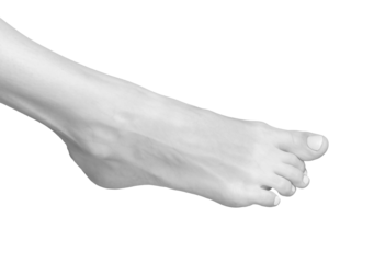 Barefoot foot with curled toes and tense ankle in a curved, stressed position. Beautiful, feminine model showcasing smooth skin, pedicure, and skincare. Healthy posture and body,