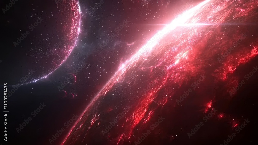 Poster cosmic explosion of red light outer space digital art celestial environment wide angle view galactic