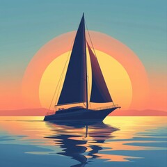 Fototapeta premium A serene sunset sailing scene showcasing a sleek sailboat against a vibrant horizon.