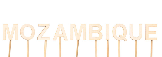Minimalist decoration with wooden letters forming Mozambique.