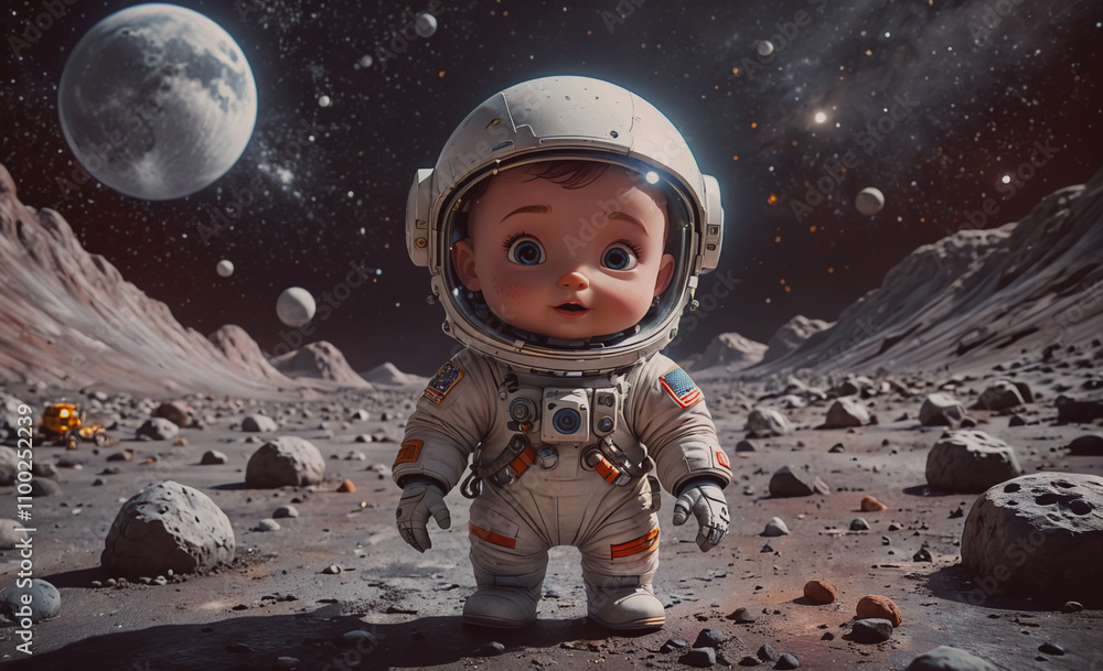 Poster small child in a spacesuit is standing on a rocky surface. the child is looking up at the sky