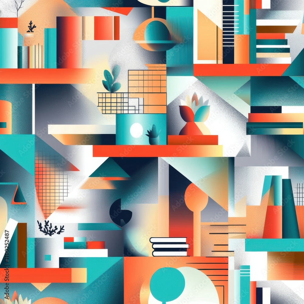 Poster a vibrant abstract pattern featuring geometric shapes and warm colors, creating a lively artistic vi