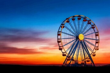 A photo of a Ferris wheel at sunset, with its central axis clearly visible