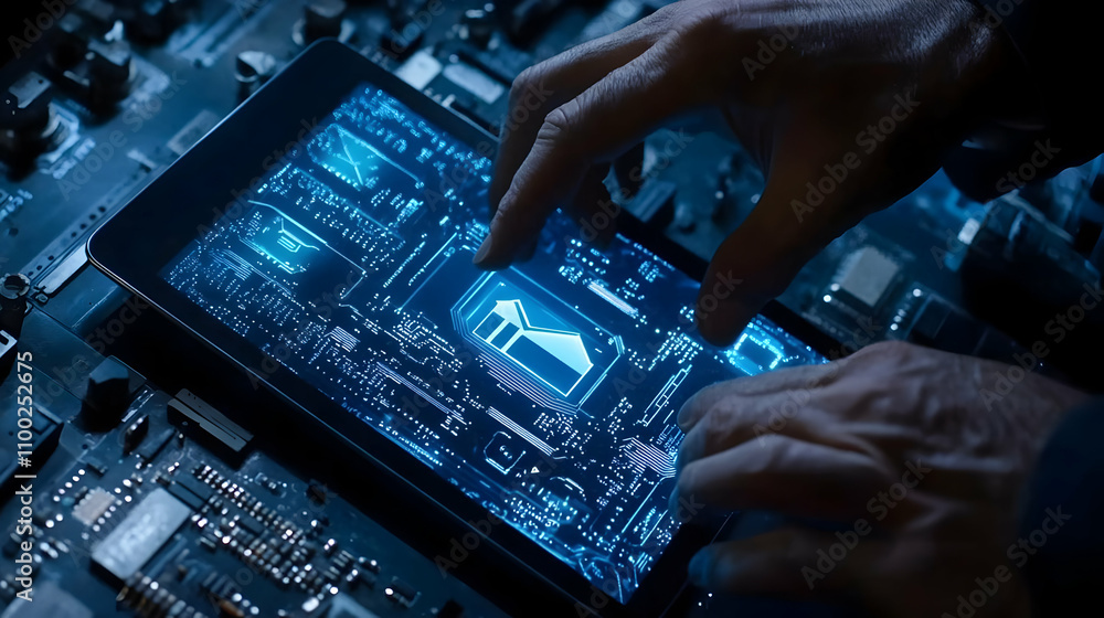 Poster close-up of hands using a tablet displaying a digital home icon on a circuit board background.