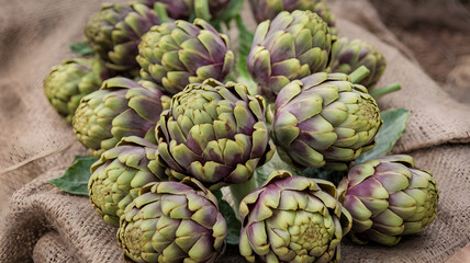 Obraz premium Harvest vegetable organic handpicked concept. Fresh artichokes arranged on burlap, showcasing their unique green and purple hues, perfect for culinary use and healthy eating.