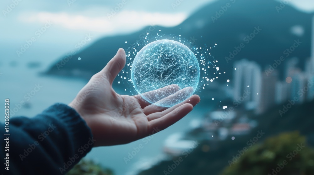 Poster a hand reaching out to touch a holographic projection of a globe with data streams, representing glo