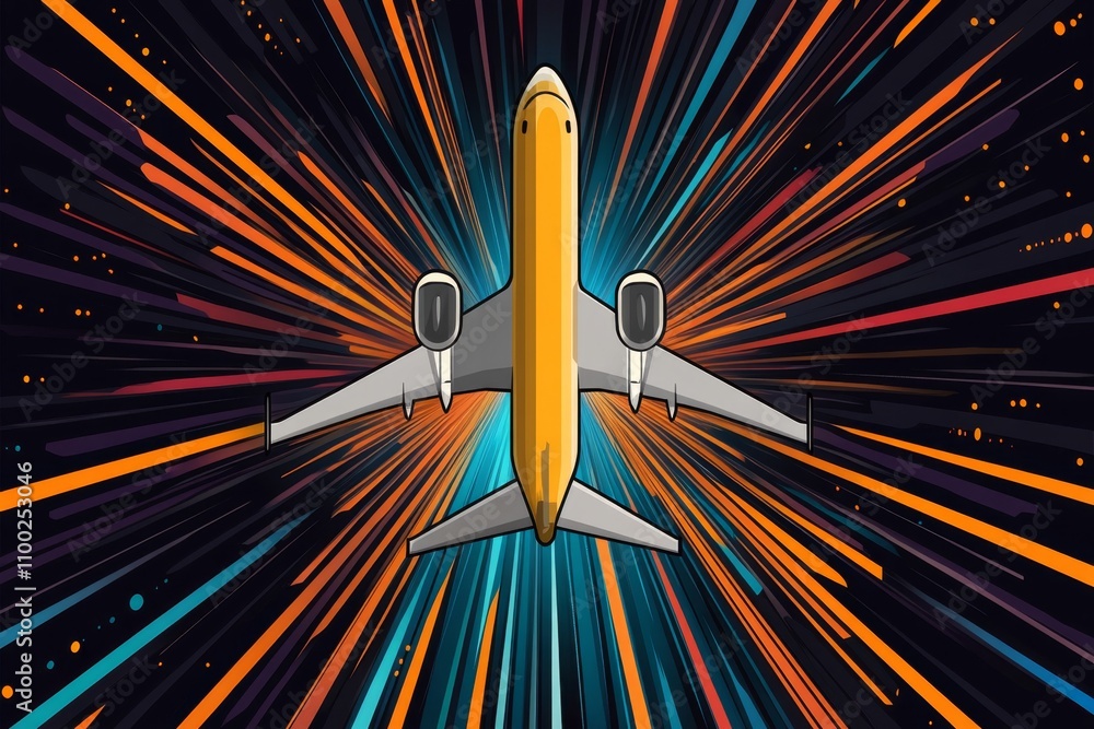 Poster a pixel art depiction of an airplane flying through a vibrant pixelated sky, leaving a trail of colo