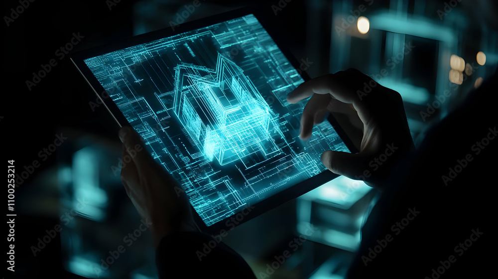 Aufkleber person using tablet to design a house with digital blueprint displayed on the screen.