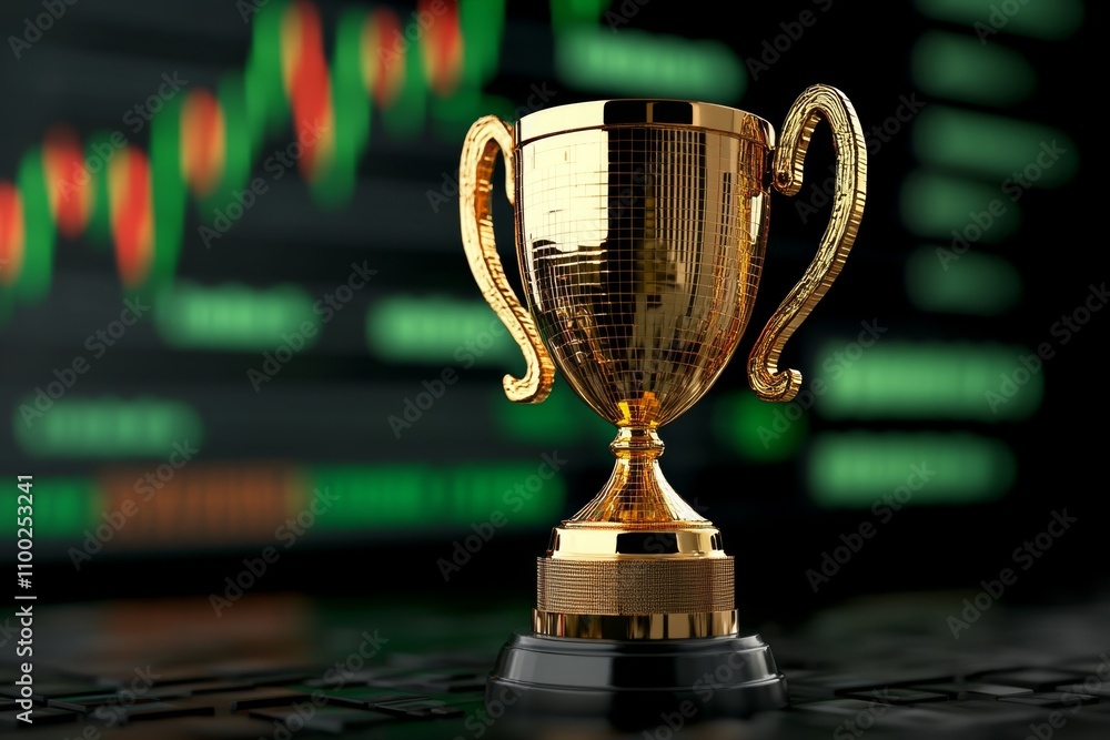Poster a pixel art scene of a golden trophy with pixelated financial charts in the background, designed in 