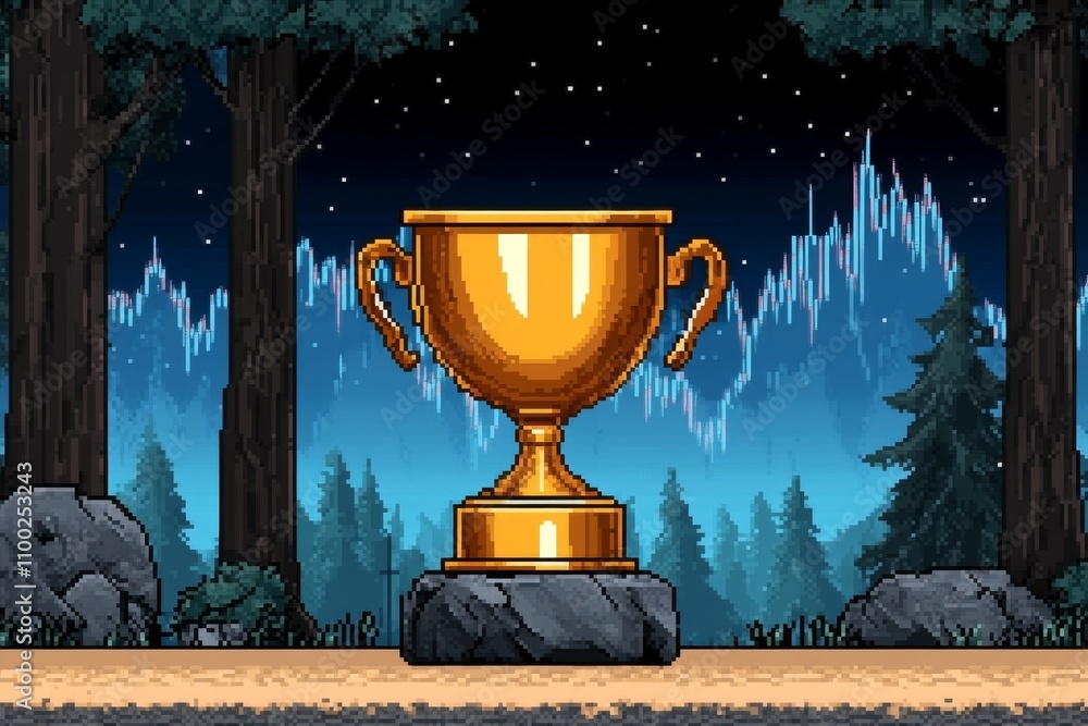 Poster a pixel art scene of a golden trophy with pixelated financial charts in the background, designed in 
