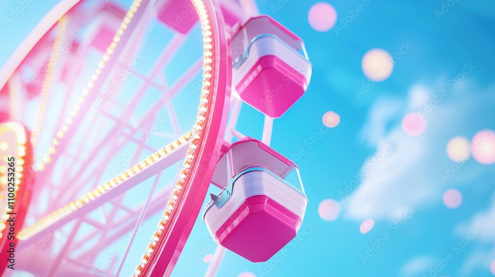 Poster a motion blurred image of a ferris wheel rotating at night, with the lights creating a circular patt