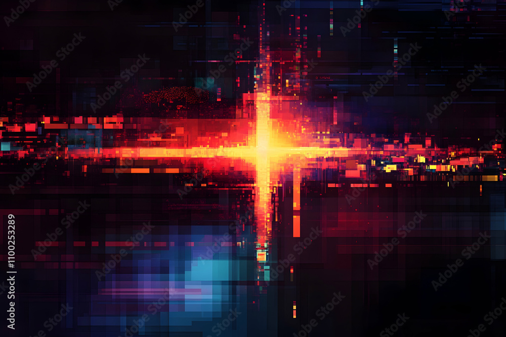 Poster digital pixel art background with dark, vibrant colors and pixelated squares. a cross is visible in 