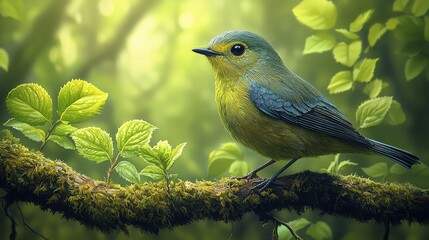 Obraz premium Vibrant songbird perched in lush forest with sunlit leaves in springtime serenity