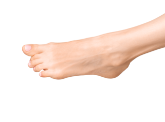 Barefoot foot, curled toes in tense position. Beautiful, smooth skin, feminine posture, and relaxed body. Healthy, soft care, pedicure details for podiatry or spa treatment.