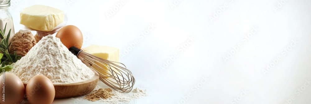 Poster flour, eggs, butter, and a whisk are artistically displayed on a white background, providing a perfe
