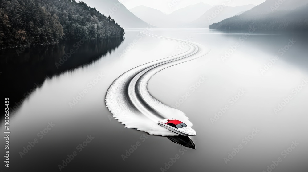Poster a speedboat racing across a lake, with its wake creating a v shaped pattern and the water spraying b