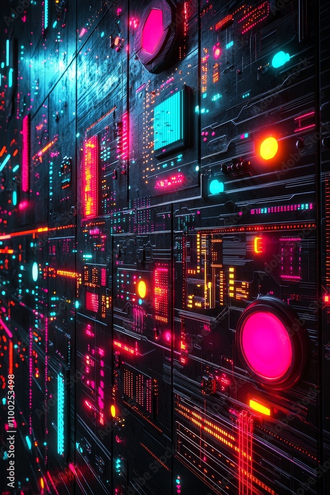 Poster dynamic neon circuitry design futuristic laboratory digital art high-tech environment close-up persp
