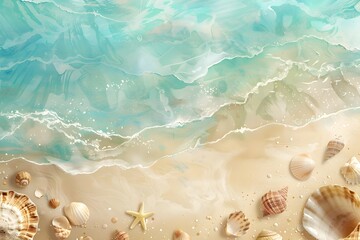 Fototapeta premium Tropical beach scene with turquoise waters and sandy shores evoking tranquility and relaxation .