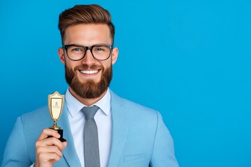 A professional dressed in formal attire holding a financial award while smiling confidently at the camera