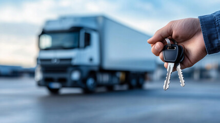 A set of truck keys held firmly in a hand, with a modern trailer truck parked on an industrial lot in the background.