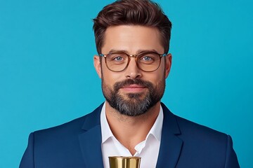 A professional dressed in formal attire holding a financial award while smiling confidently at the camera