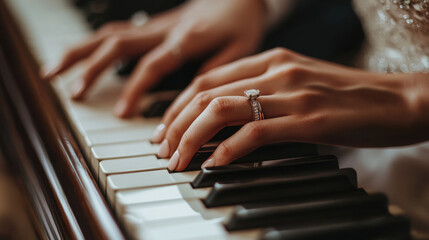 Obraz premium close up photo of couple hands playing piano, showcasing beautiful engagement ring. moment captures love and music in harmony