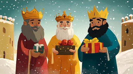 Ilustración de los Tres Reyes Magos con regalos en una noche estrellada