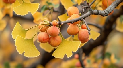 Golden Ginkgo biloba plant leaf in Fall closeup view.
