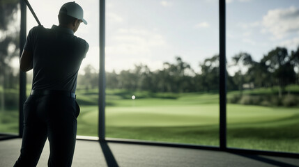 Fototapeta premium A professional golfer practicing their drive indoors, the driving range simulator showcasing a sunny golf course backdrop.