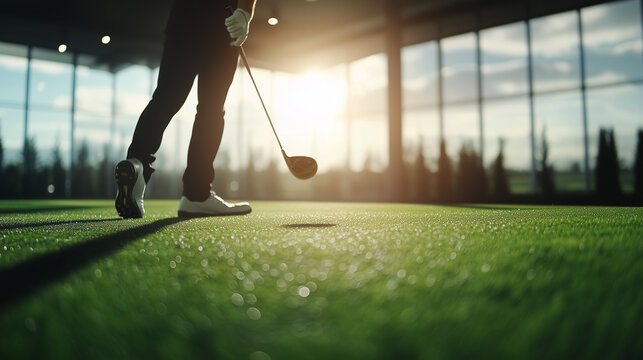 A professional golfer practicing their drive indoors, the driving range simulator showcasing a sunny golf course backdrop.