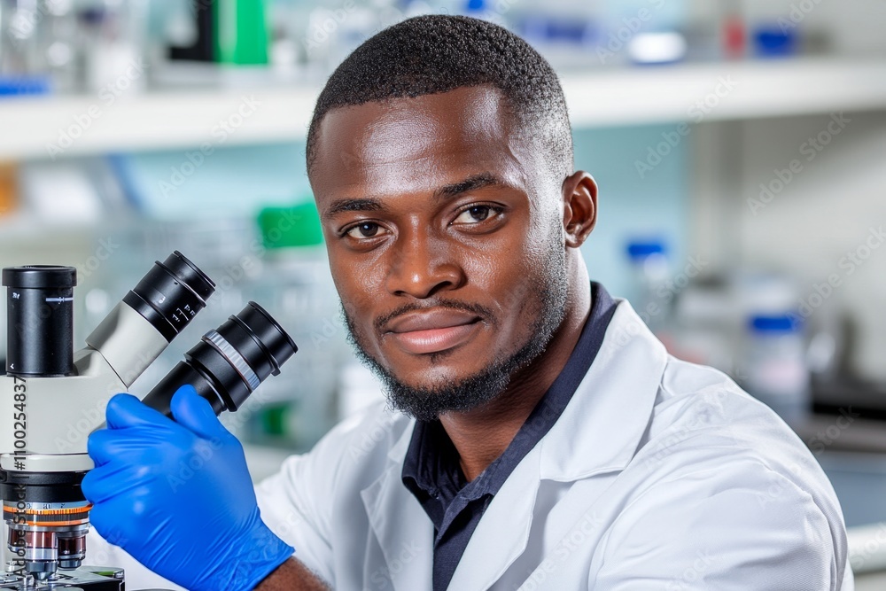 Poster A scientist analyzing a specimen under a microscope, surrounded by lab equipment in a sterile environment