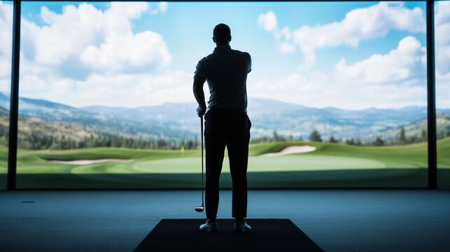 A professional golfer adjusting their stance in a well-lit indoor simulator, with the driving range displaying mountainous terrain.