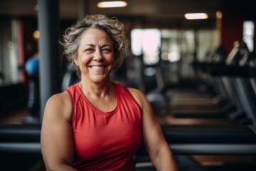Fototapeta premium Smiling portrait of a middle aged slightly overweight woman in gym