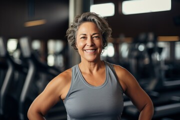 Fototapeta premium Smiling portrait of a middle aged slightly overweight woman in gym