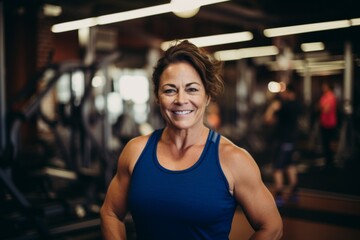Fototapeta premium Smiling portrait of a middle aged slightly overweight woman in gym