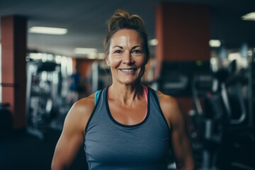 Fototapeta premium Smiling portrait of a middle aged slightly overweight woman in gym